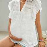 Blusa de maternidad de verano con dobladillo de volantes y escote en V de unicolor informal