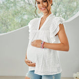 Blusa de maternidad de verano con dobladillo de volantes y escote en V de unicolor informal