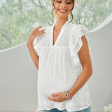 Blusa de maternidad de verano con dobladillo de volantes y escote en V de unicolor informal