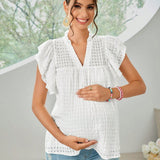 Blusa de maternidad de verano con dobladillo de volantes y escote en V de unicolor informal