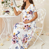 DEARCASE Maternidad Vestido con estampado floral de cuello cruzado