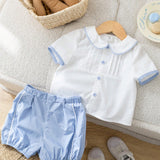 Conjunto casual de dos piezas para bebe, estilo britanico con guapo cuello de muneca de bloque de color y cardigan de manga corta con shorts