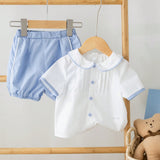 Conjunto casual de dos piezas para bebe, estilo britanico con guapo cuello de muneca de bloque de color y cardigan de manga corta con shorts