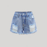 Shorts de mezclilla descosidos con dobladillo enrollado crudo lavado con piedra estilo bohemio de primavera verano para ninas preadolescentes, atuendos cortos de verano para ninas