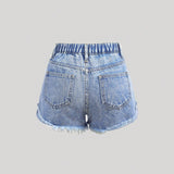 Shorts de mezclilla descosidos con dobladillo enrollado crudo lavado con piedra estilo bohemio de primavera verano para ninas preadolescentes, atuendos cortos de verano para ninas