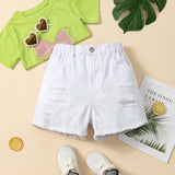 Shorts de mezclilla blanca destenido con dobladillo deshilachado para chicas adolescentes, estilo versatil