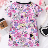 Vestido infantil con mangas cortas y patron de chicas de musica lindo para ninas en el verano