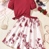 Conjunto de dos piezas increiblemente hermoso para nina preadolescente con camiseta roja con cuentas y falda de tul bordada, adecuado para fiestas