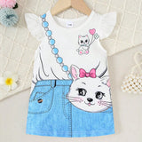 Conjunto de ropa para bebe nina, vestido sueter infantil con estampado de gato, mangas voladoras y ajuste comodo y holgado