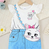 Conjunto de ropa para bebe nina, vestido sueter infantil con estampado de gato, mangas voladoras y ajuste comodo y holgado