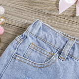 Shorts de mezclilla rasgados con dobladillo crudo estilo boho y bolsillo oblicuo para ninas preadolescentes de primavera/verano, conjuntos de ropa de verano para ninas