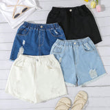 Conjunto de shorts de mezclilla multicolor desgastados con dobladillo deshilachado para adolescente, estilo callejero