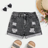 NEW  Shorts de mezclilla desgastados con dobladillo enrollado y rasgados estilo boho de moda Lavado a piedra para chicas preadolescentes, Conjunto de ropa de verano para ninas