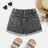 NEW  Shorts de mezclilla desgastados con dobladillo enrollado y rasgados estilo boho de moda Lavado a piedra para chicas preadolescentes, Conjunto de ropa de verano para ninas