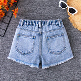 Shorts de mezclilla rasgados con dobladillo deshilachado y tendencia de verano con bordado y patrones de flores para chicas preadolescentes