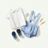 Cozy Cub Conjunto de blusa de manga corta con cuello Peter Pan de bloque de color y pantalones cortos con tirantes a rayas para bebe nino