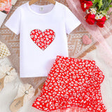 Conjunto casual de 2 piezas para nina con top estampado de corazones de manga corta y falda con estampado floral de longitud por debajo de la rodilla para el verano