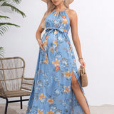 Vestido sin mangas con apariencia de denim para maternidad, ajuste casual con cintura ajustable con cordon y cinturon