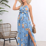 Vestido sin mangas con apariencia de denim para maternidad, ajuste casual con cintura ajustable con cordon y cinturon