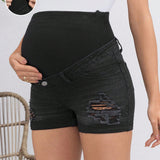 NEW  Shorts de mezclilla para maternidad, ajuste delgado casual con agujeros desgastados, tejido de punto y cintura ajustable, negro