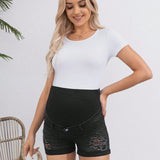 NEW  Shorts de mezclilla para maternidad, ajuste delgado casual con agujeros desgastados, tejido de punto y cintura ajustable, negro