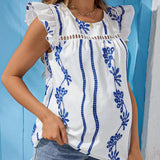 NEW  Camisa casual de maternidad con cuello redondo, mangas de gorra y bordado floral para vacaciones en la isla