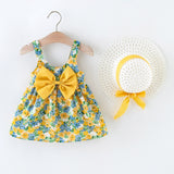 Vestido De Niña Bebé Con Estampado Floral, Correa De Hombro Con Lazo Y Sombrero A Juego